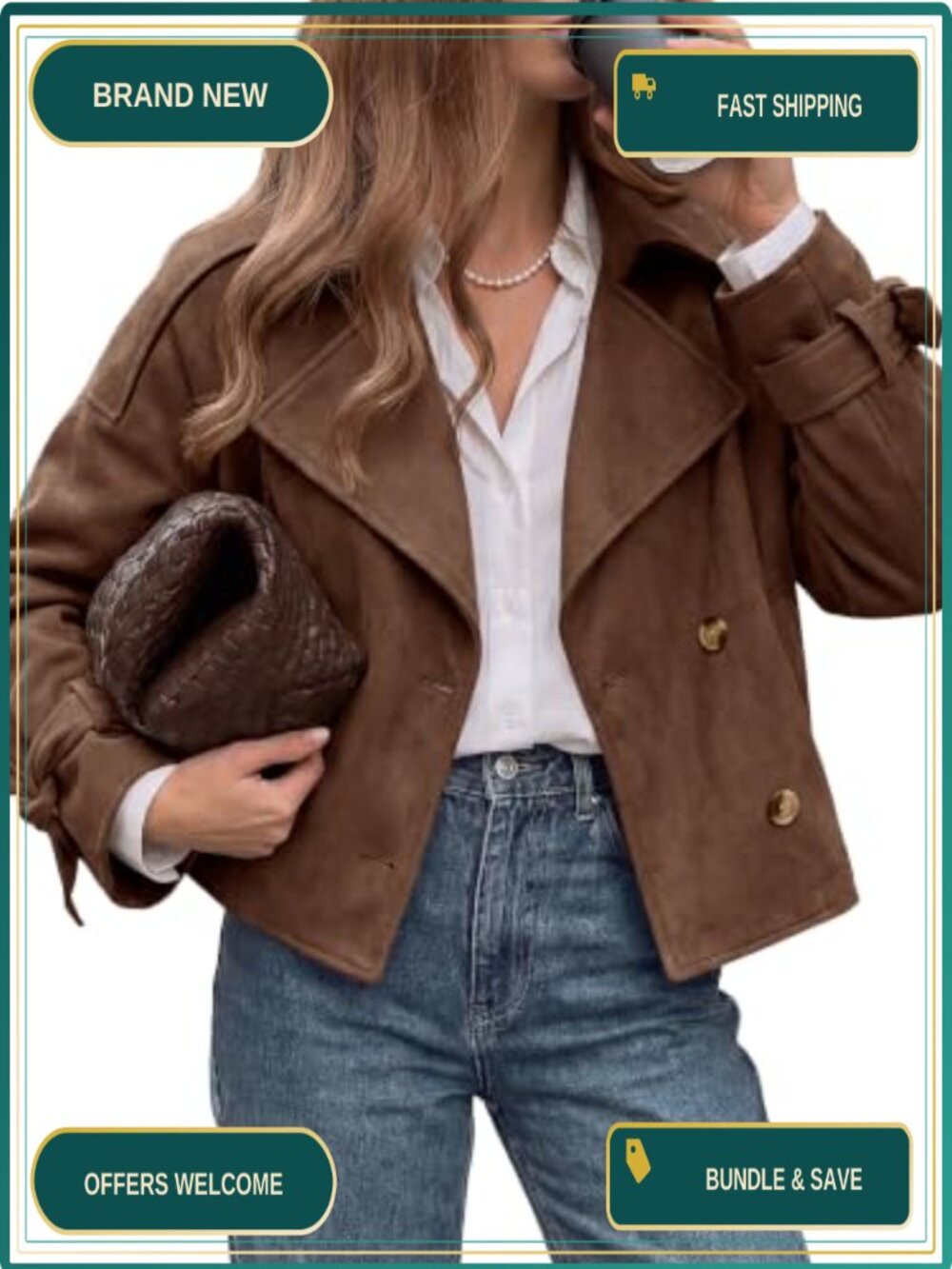 Faux Suede Double Breasted Cropped Trench Coat Jacket